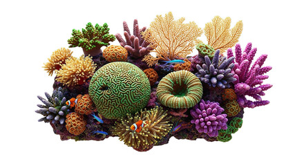 Coral reef piece with colorful texture on white transparent background, PNG