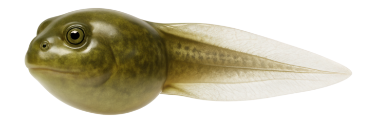 American bullfrog tadpole with rounded body and long, transparent tail