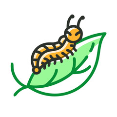 Stylized illustration of a caterpillar on a green leaf with a playful design on a white background 
