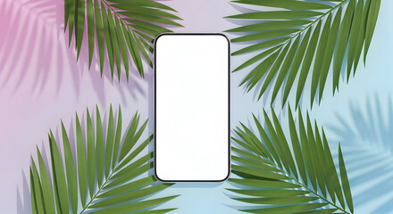 Modern Smartphone Displayed Amidst Lush Green Palm Leaves with Soft Pink and Blue Gradient Background.