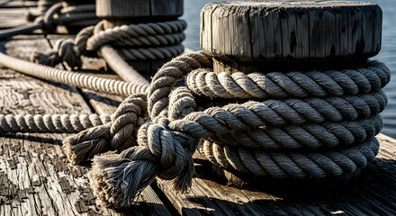Weathered Ropes Wound Tightly Around Old Wooden Dock Posts.
