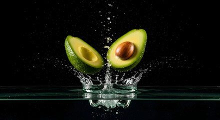 Fresh Avocado Halves Splashing into Water.