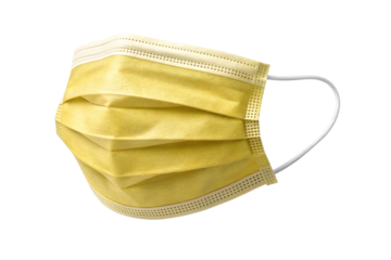 Single yellow surgical mask shown at slight angle displaying three-layer pleated construction design, isolated on a transparent background