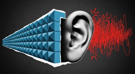 Conceptual Noise Pollution Graphic: Sound Waves, Ear, and Soundproofing Material