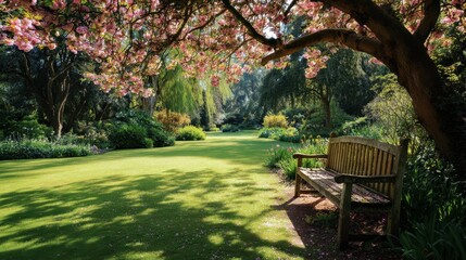 Obraz premium Tranquil Garden Scene with Blossoming Trees and Wooden Bench under Clear Blue Sky