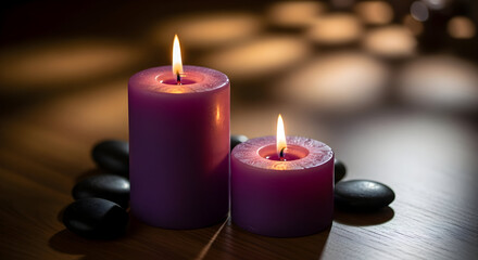 Two lit purple candles with smooth black stones creating a serene spa atmosphere.