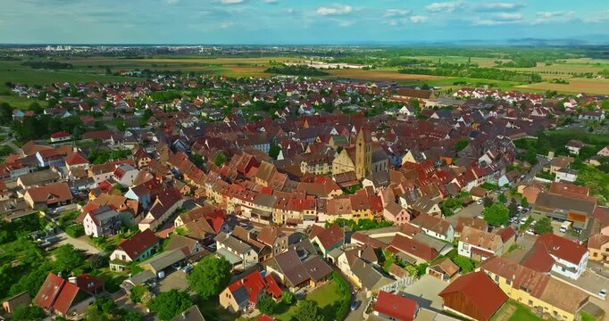 Aerial view of Eguisheim, small picturesque village in the province of Alsace, France