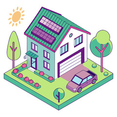 Eco-conscious house isometric illustration featuring rooftop solar, green terrace, and electric vehicle in sustainable urban setting.