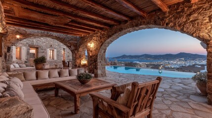 Serene Stone Villa with Breathtaking Sunset View Overlooking Tranquil Pool and Coastal Landscape in Greece