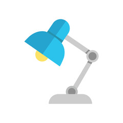 A luminous yellow bulb gleams beneath the sleek, light blue adjustable lamp on white background