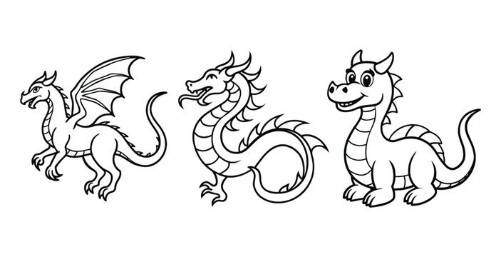 Collection of three distinct dragon illustrations in simple line art style. Includes a winged dragon, a two-headed dragon, and a baby dragon. Perfect for coloring pages, children&rsquo;s books vector.