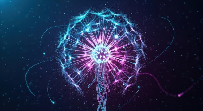 3d illustration of abstract digital art of a dandelion made of glowing particles and light trails, symbolizing wishes and dreams