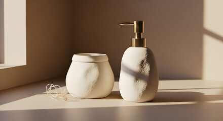 Elegant white ceramic soap dispenser and jar set minimalist design.