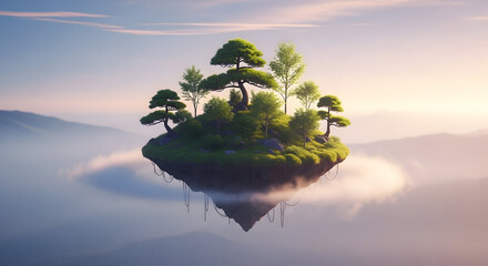 Enchanting Floating Island Oasis with Lush Greenery and Serene Atmosphere.