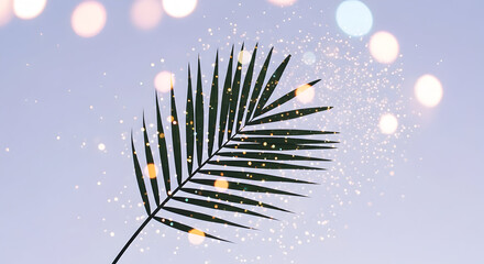 Minimalist Palm Leaf with Sparkling Lights and Bokeh Effect.