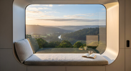 Scenic Mountain View Window Seat in Modern Home.