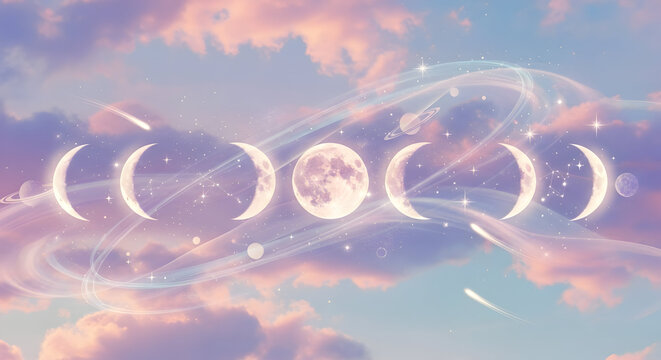Celestial Moon Phases on a Dreamy Pastel Sky with Clouds. - Powered by Adobe