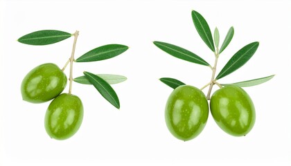 Fresh Green Olives on Branch with Leaves Isolated