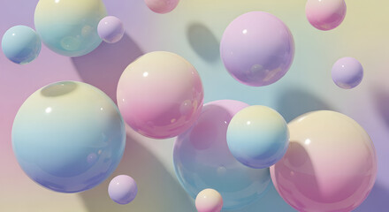 Abstract pastel spheres floating in a dreamy gradient background with soft shadows.