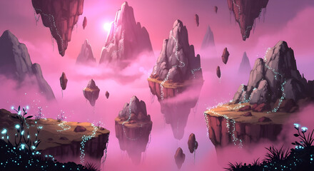 Floating Islands in a Pink Dreamlike Sky.