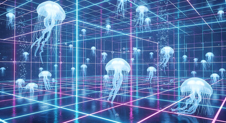 Neon Jellyfish in Digital Grid: Futuristic Underwater Scene.
