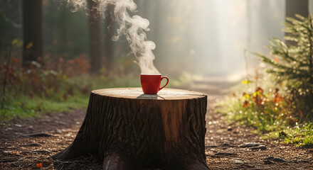 Steaming Mug on Stump: A Forest Coffee Break.