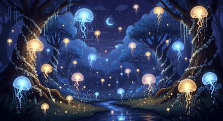 Enchanting Night Forest Scene with Glowing Jellyfish Creatures.