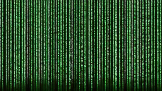 Matrix Code Digital Abstract: An evocative digital art piece featuring a cascade of binary code in mesmerizing shades of emerald green, symbolizing technology, data flow, and the digital realm.
