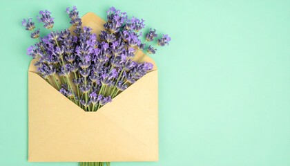 lavender on envelope with green background, copy space