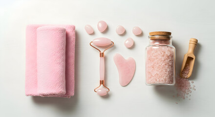 Pink Self-Care Essentials: Rose Quartz Roller Gua Sha and Bath Salts.