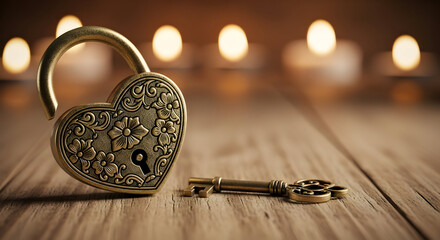 Heart Shaped Lock and Key on Wooden Surface with Soft Warm Light.