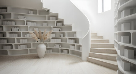 Modern Minimalist Staircase with Built in Bookshelves.