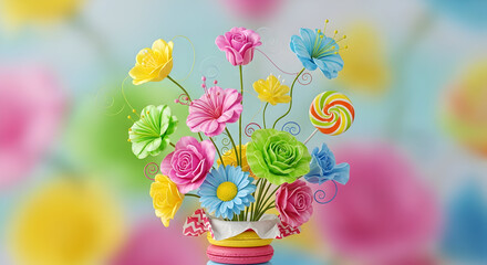 Whimsical Paper Flower Bouquet with Lollipops.