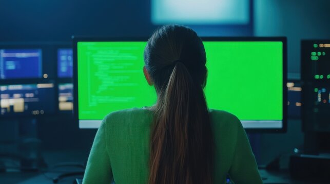 Female Programmer in Dark Room with Chroma Key Screen, Working on Software - Powered by Adobe