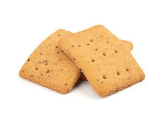 Whole grain crackers with flax and sesame seeds isolated on white background. Dry salted cracker cookies. Snack. Gluten free crackers