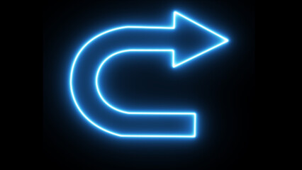Bright blue neon arrow symbol glowing in the dark indicating direction or a circular motion with a clear pointer to the right