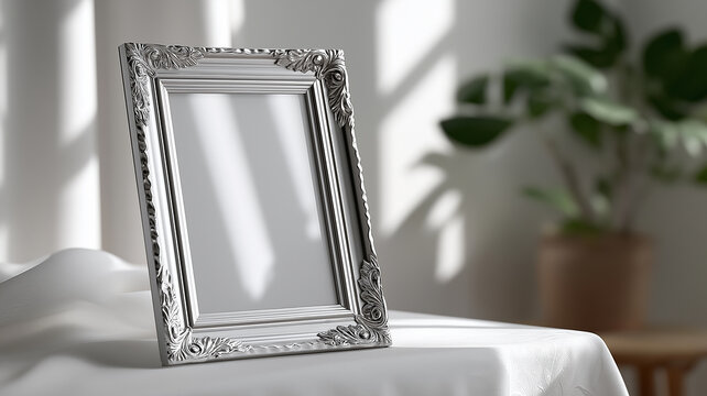 Luxury decorative photo frame with artistic carved ornamentation and empty center space, placed on minimalist white background for classic elegance and timeless design.