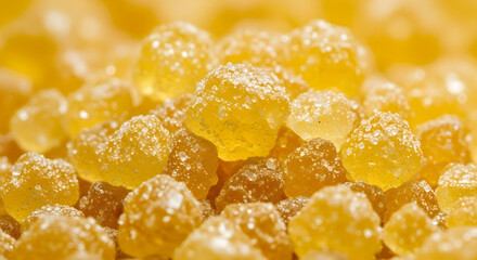A vibrant macro photograph of yellow sugar coated gumdrops.