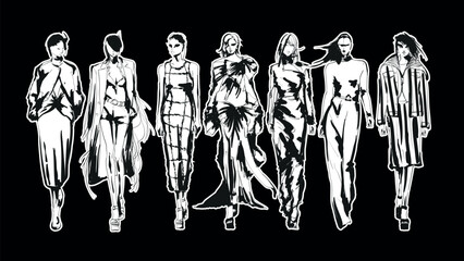 Set of young beautiful women in stylish clothes. Fashion sketch.