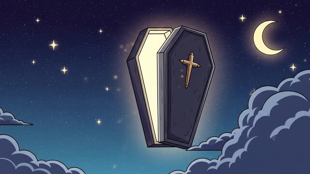 Glowing open coffin night sky fantasy illustration