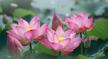 Obraz premium Beautiful Pink Lotus Flowers Blooming in a Pond.