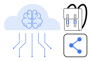 Brain graphic in cloud with circuits, backpack, and share icon emphasize education, technology, and networking. Ideal for e-learning, digital education, tech tools, AI networking cloud solutions