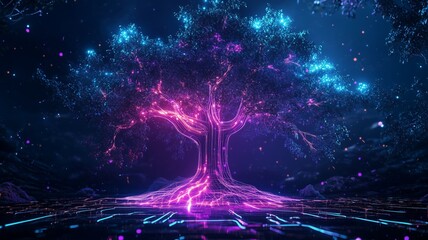 Majestic tree illuminated with vibrant lights and glowing roots in a digital landscape