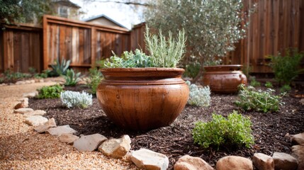 Beautiful garden scene featuring rustic clay pots with fresh herbs surrounded by lush greenery and decorative pebbled path