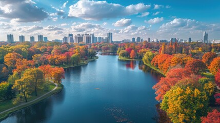 Aerial view of a circular urban park during autumn. The vibrant colorful trees in shades of orange, red, and yellow create a striking abstract pattern.