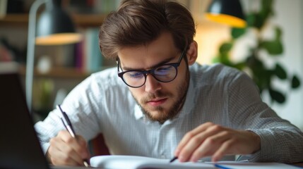 Focused young man wearing glasses taking notes at a desk in a home office