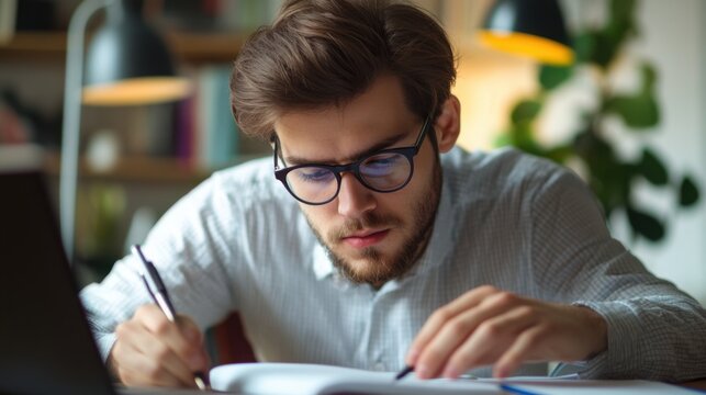 Focused young man wearing glasses taking notes at a desk in a home office