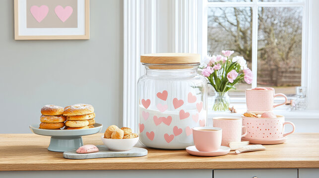 Delightful Valentine's Day inspired kitchen display featuring sweet pink heart decor, freshly baked powdered donuts, macarons, and warm beverages in charming pink mugs on cozy wooden counter