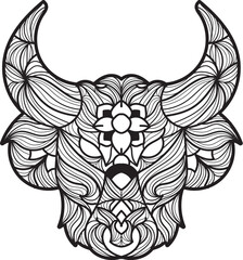 Intricate black and white line art illustration of a stylized bull's head with decorative patterns.