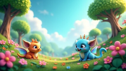 Fototapeta premium Two cute fantasy baby dragons playing together in a colorful flower meadow under a sunny sky